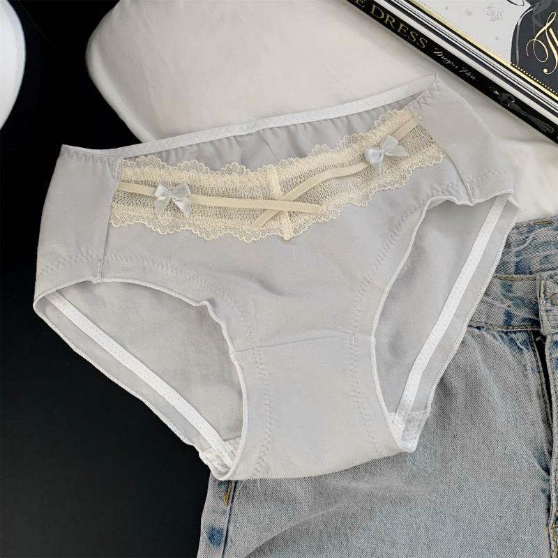 Women Sweet French Style Lace Solid Antibacterial Mid Waist Cotton Panties