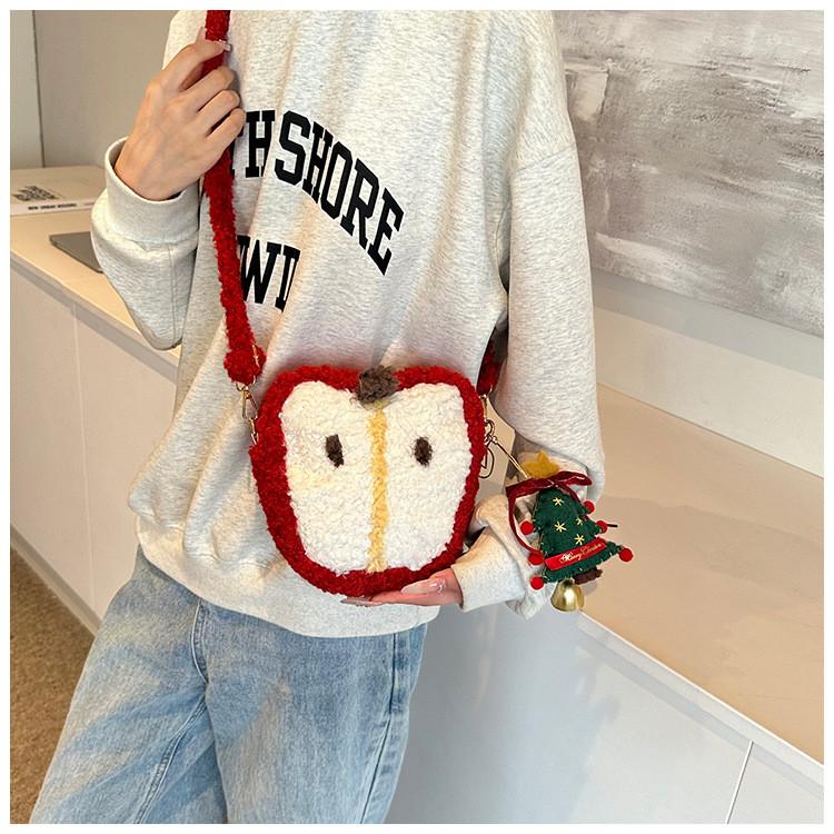 Christmas Sheep Plush Apple Tote Bag For Girls With Zipper Closure And Card Pocket