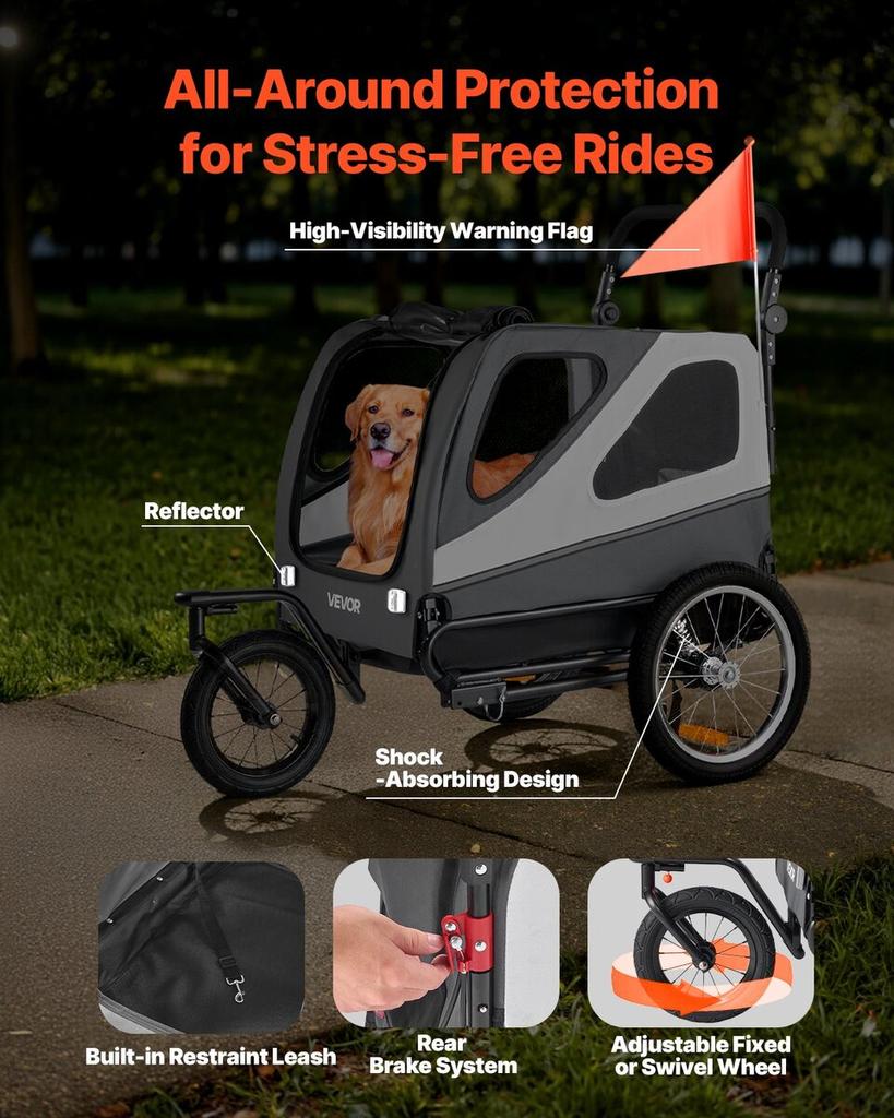 Dog Bike Trailer, Supports Up To 45 Kg, 2-in-1 Pet Stroller Cart Bicycle Carrier for Small & Large Dogs, Easy Folding Frame with Quick Release Wheel,
