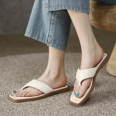 A Little Comfortable~! 2025 New French Square Toe Casual Flat Slippers Women's Summer Wear Beach Sandals