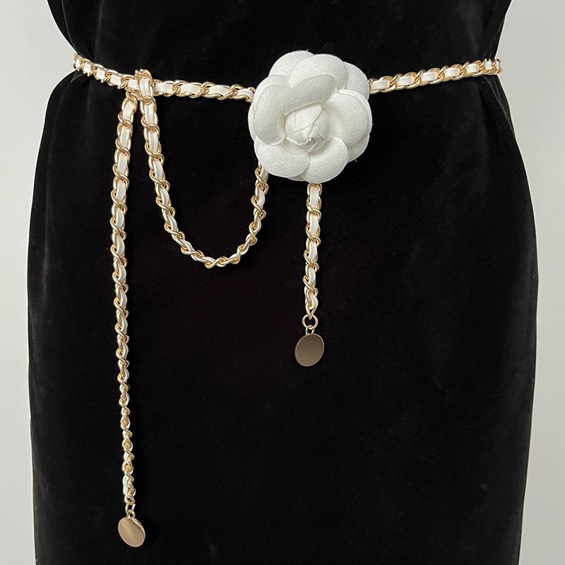 Flower Cowhide Inlaid Metal Thin Waist Chain for Women's Waist Slim Fitted with Dress Sweater for Women's Chain