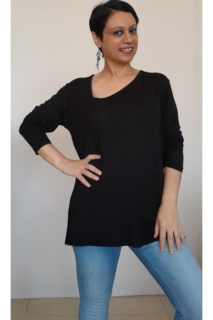 Damen Stil Große Größe T-Shirt Schwarz Seite V-Ausschnitt Gekämmte Baumwolle Viskose T-Shirt