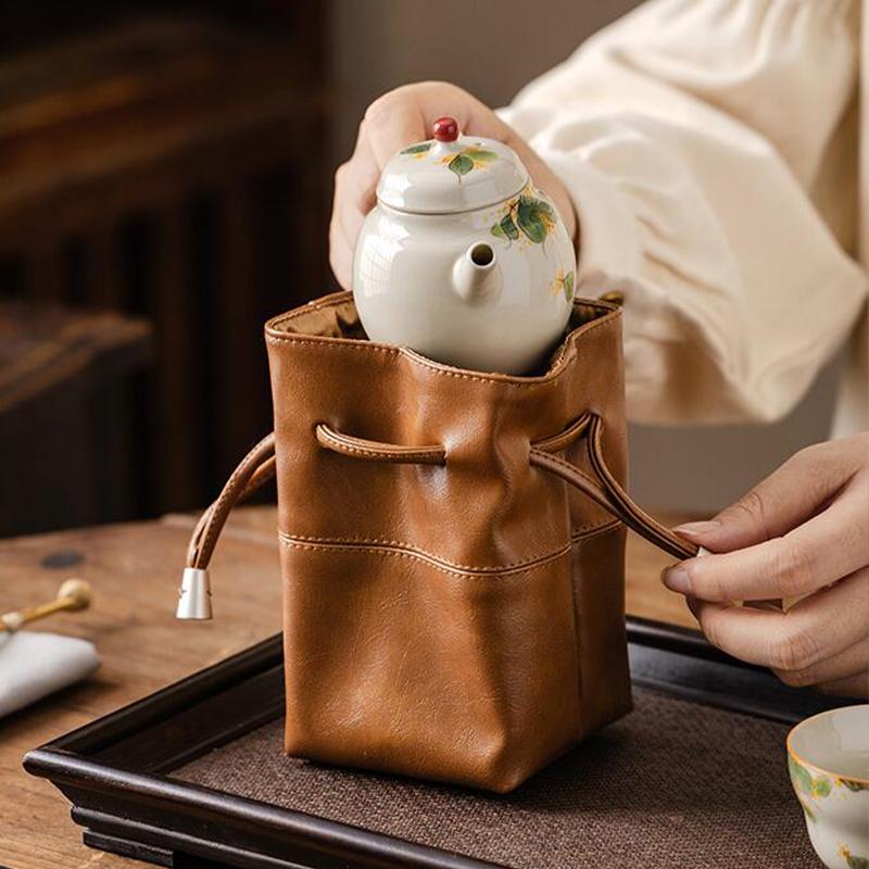 Portable Teapot and Teacup Storage Bag, Tea Set Accessories Bag, Jewelry Leather Bag, Home Storage Drawstring Bag