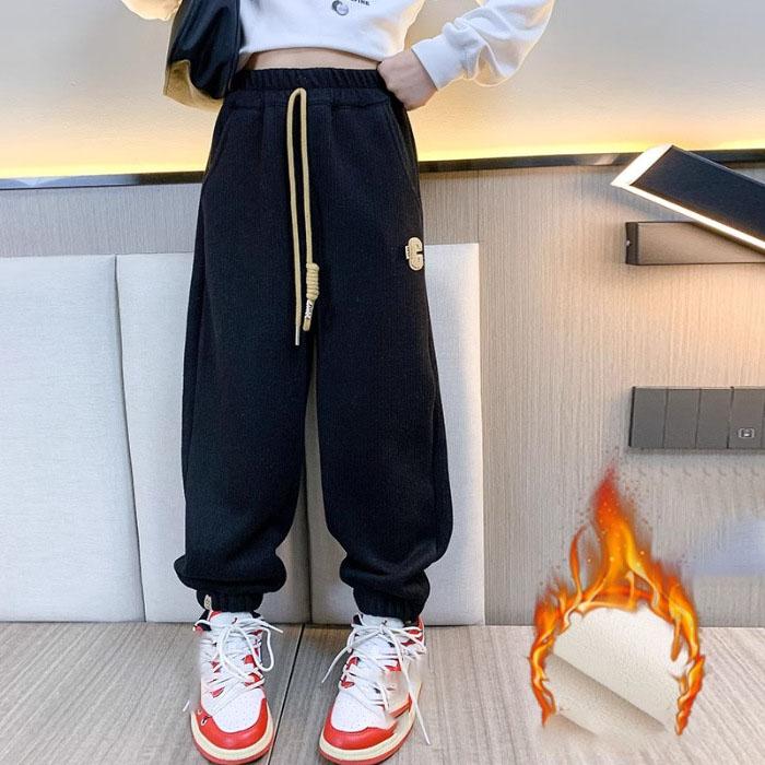 Kids' Thickened Fleece-lined Solid Color Sweatpants Casual Style Loose Fit Winter Children's Warm Pants For Girls