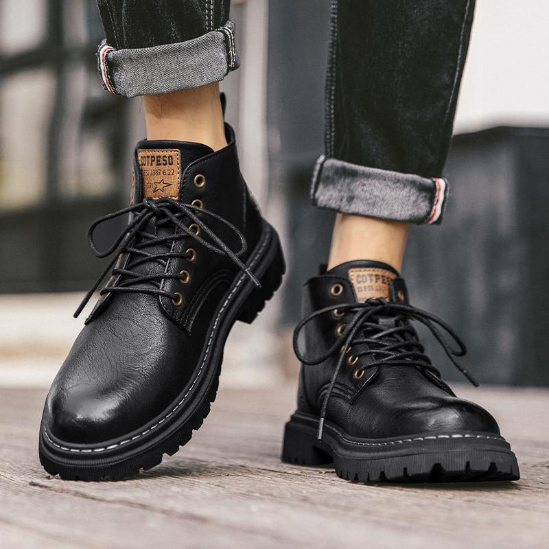 Fashion Brand Autumn Winter Shoes Men Leather Boots Thick Sole Non-slip Warm Plush Cold Winter Cow Leather Male Ankle Botas Black
