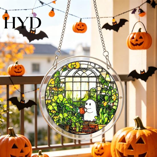 Ghost Themed Halloween Sign Acrylic Puzzle Decor, 2D Pumpkin Skeleton Hanging Sign, Faux Decoration Stained Glass Spooky for Party Home Stress Relief