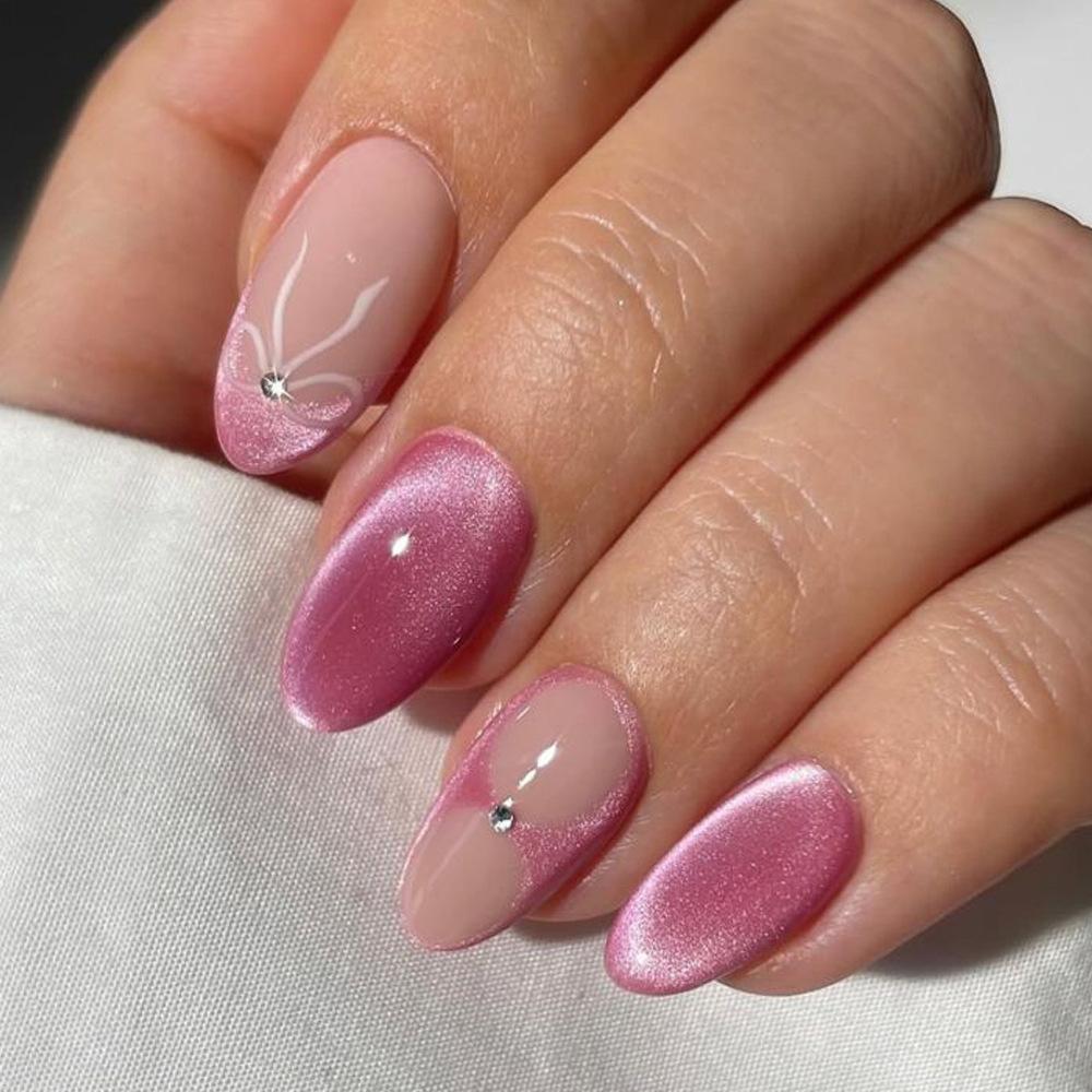 24pcs Glossy Red Cat's Eye Press On Nails Full Cover Nude Wearable Almond False Nails Charms Detachable Fake Nail For Girl