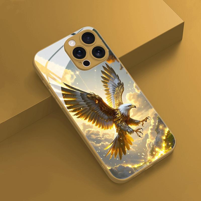 Cool Golden Eagle Pattern Gold Metallic Paint Glass Phone Case For iPhone 17 16 15 14 13 12 11 Pro Max 15 Plus 17 Air 16E Cover