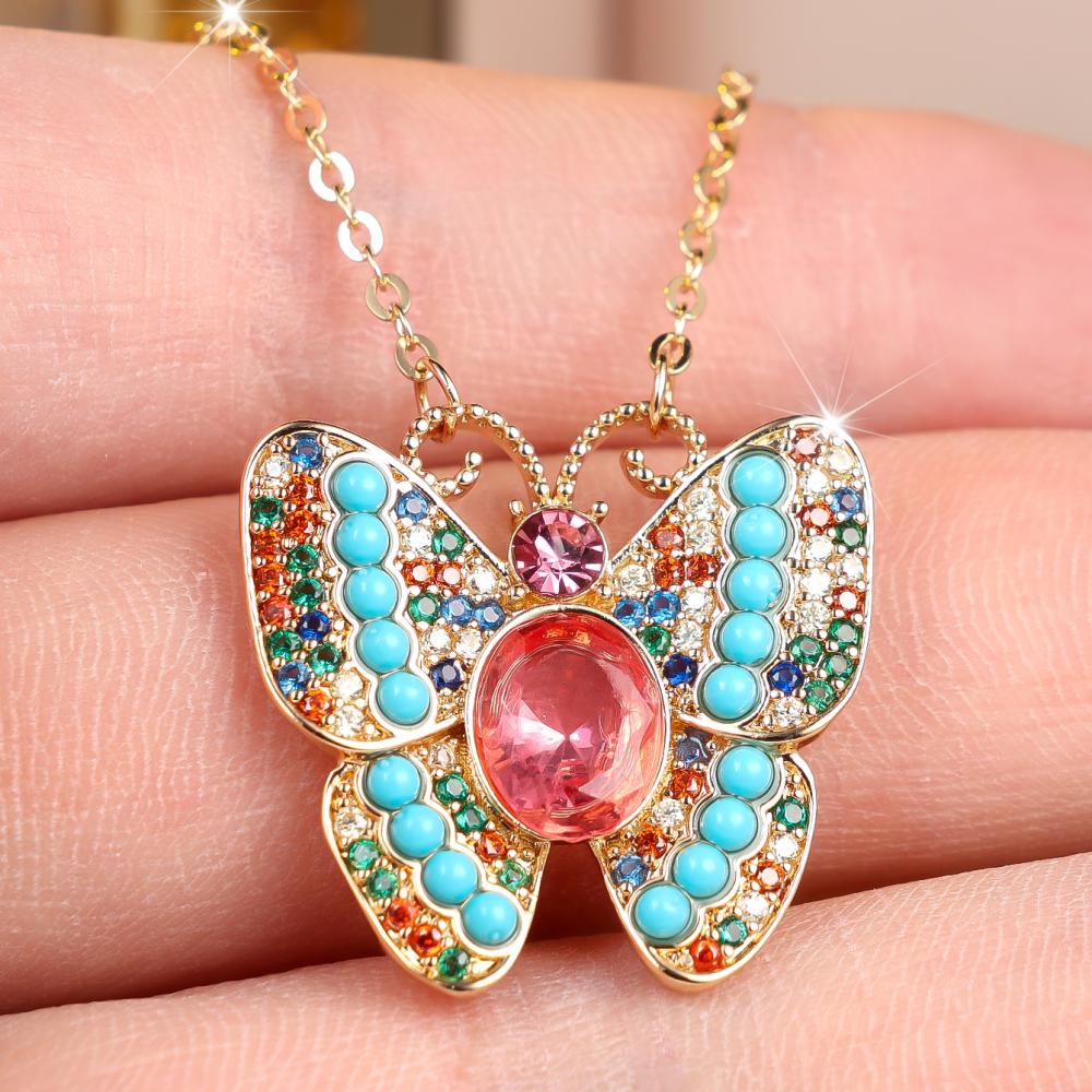 Vibrant Gold Color Butterfly Shape Colorful Zircon Pendant Necklace for Women Daily Wear and Party