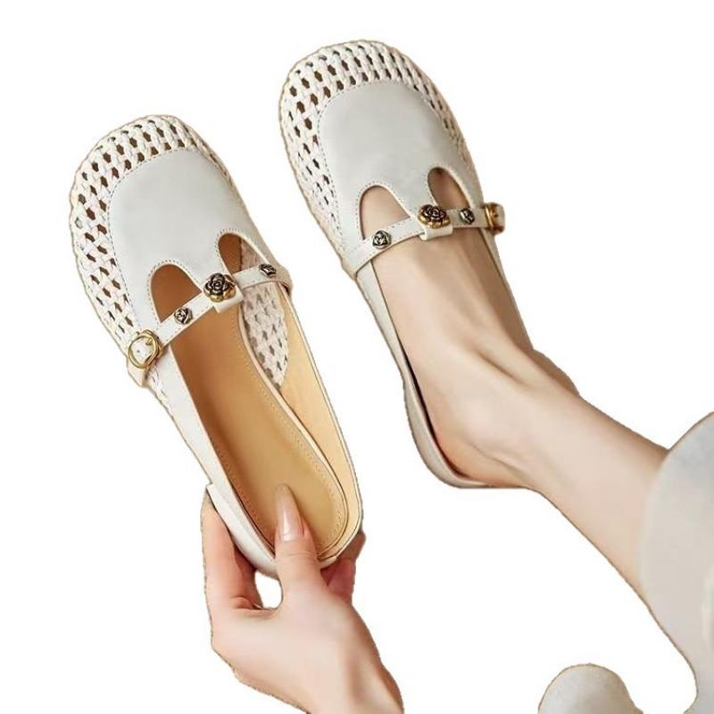 Round-toed Woven Shoes, Slippers, Women's Retro Mid-heel, Closed-toe, Half-flip-top Outerwear Shoes