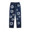 EastRogue High Street Hip Hop Streetwear Loose Fit Men's and Women's Denim Jeans with Washed Effect and Full Print of Hibiscus Flowers.