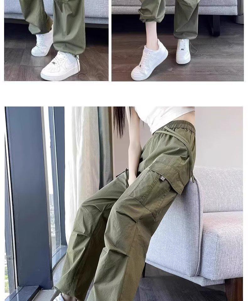 American Women's 2024 Summer Ice Silk Quick-Dry High-Waisted Cargo Pants - Breathable, Thin, Cuffed, Nine-Point Casual Trousers