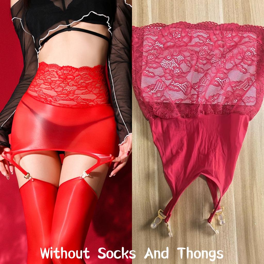 2 In 1 Lace Transparent Mini Skirt With Socks Clips Oil Shiny Hip Wrap Garter Belt Dress Sexy Lingerie Clubwear For Stockings