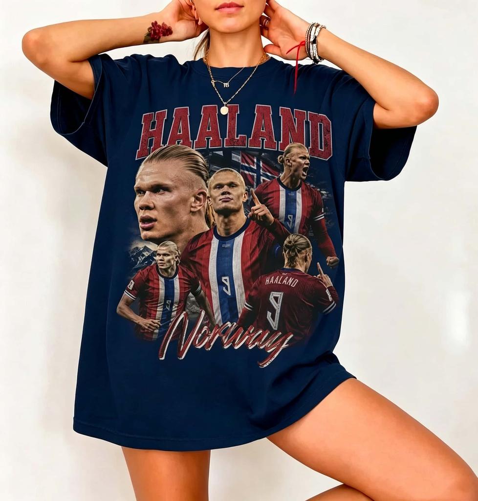 Norwegia Haaland Graficzny Vintage Koszulka 2026 Lato Unisex Unisex 100% Bawełna Ubrania Y2K Koszulka Oversize Top Street Wear Y2K Unisex