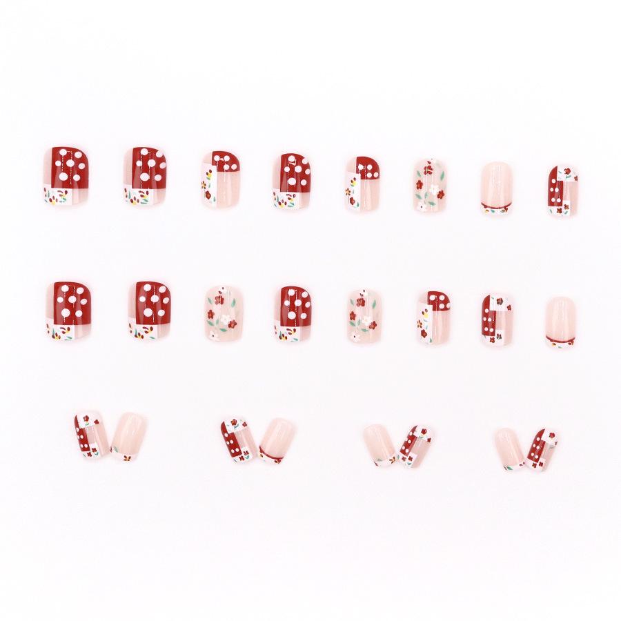 Französische Retro Blumen & Rote Polka Dots Aufhellende Nagelsticker – 24 Süße Nischenstücke
