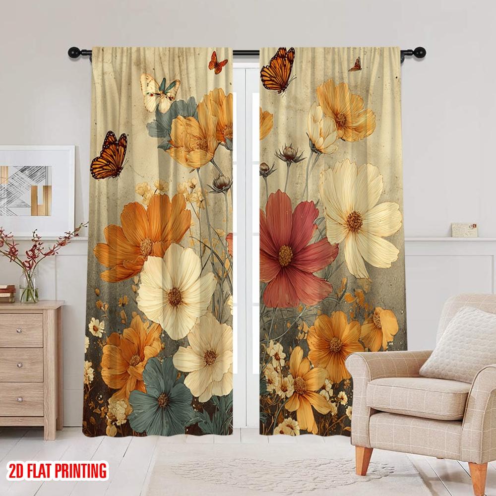 2pcs,2D Plane Printing Curtain Popular Butterfly Blooms Polyester Easy Install (without Rod) Holiday Ldeal for Living Room,
