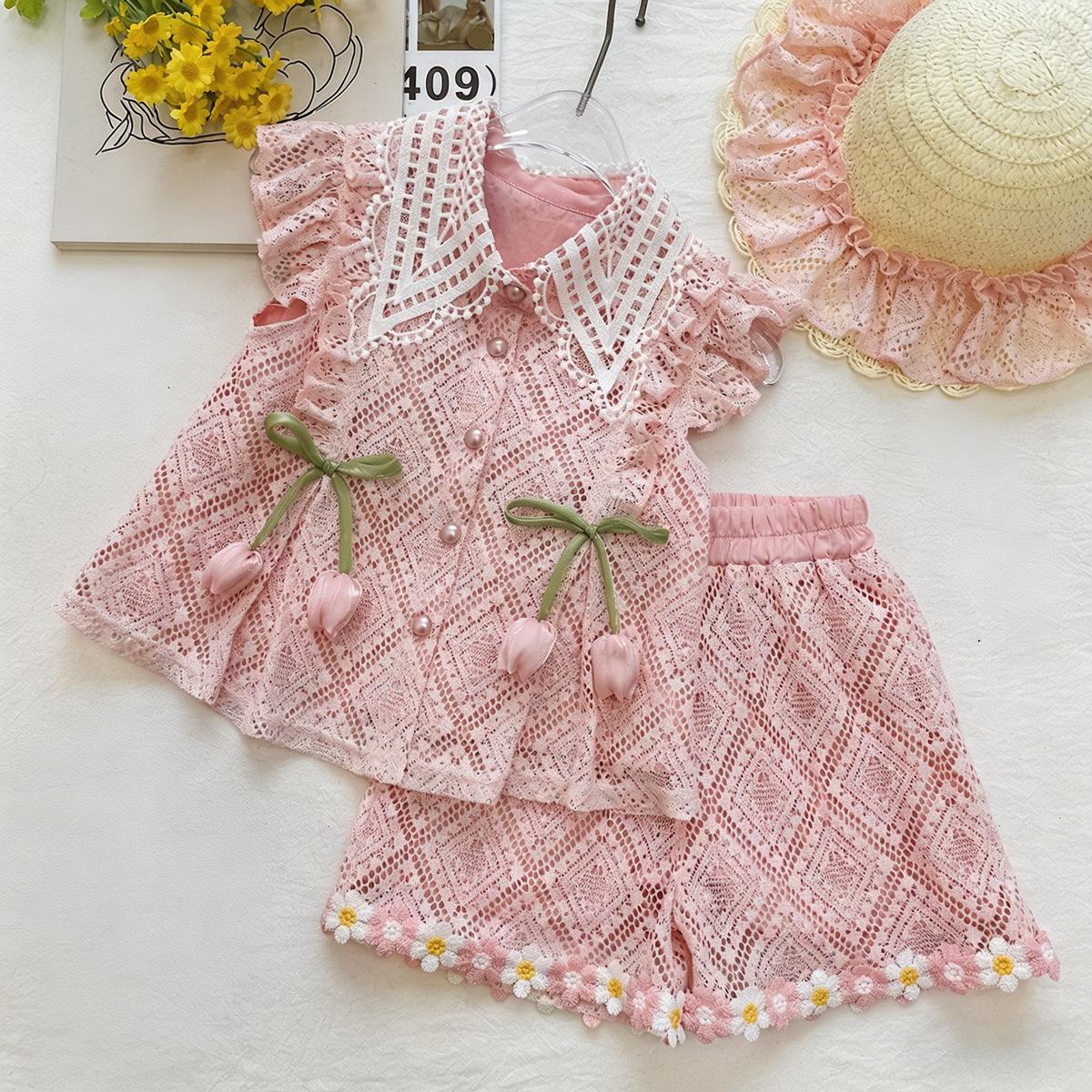 Girls Summer Pink Water Soluble Lace Set 3D Tulip Flutter Sleeve Daisy Shorts Two Piece Outfit 90cm