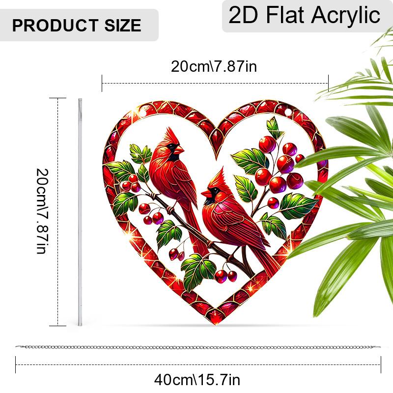 Acrylic Heart-Shaped Cardinal Birds Christmas Suncatcher Stained Glass Effect Window Hanging Ornament Bird Lover Holiday Gifts