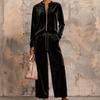 Women's Velour Hoodie and Wide Leg Pants Set High Waist Flowy Suit with Draping Fabric