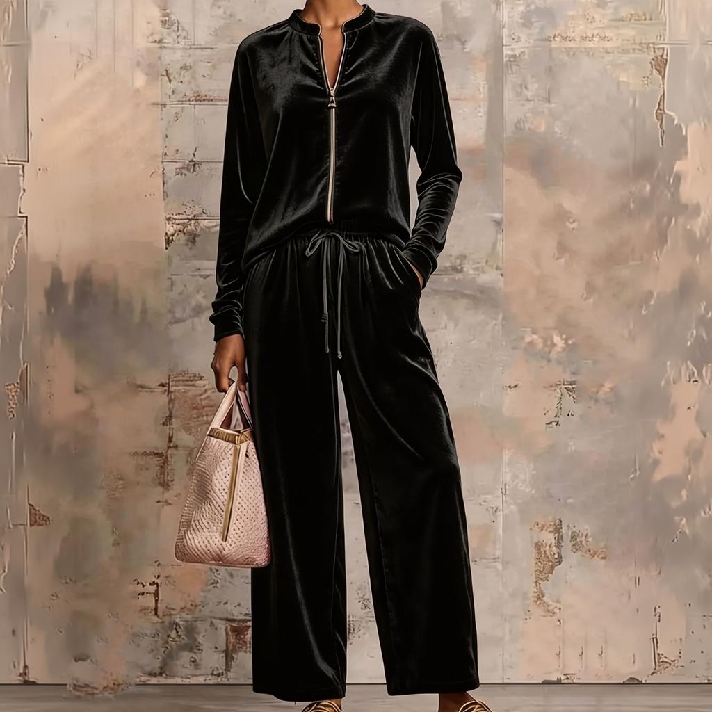 Women's Velour Hoodie and Wide Leg Pants Set High Waist Flowy Suit with Draping Fabric