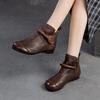 Johnature Echtes Leder, ausgehöhlte Stiefel, Retro-runde Zehenpartie, atmungsaktive Sandalen, vielseitige flache Damenschuhe