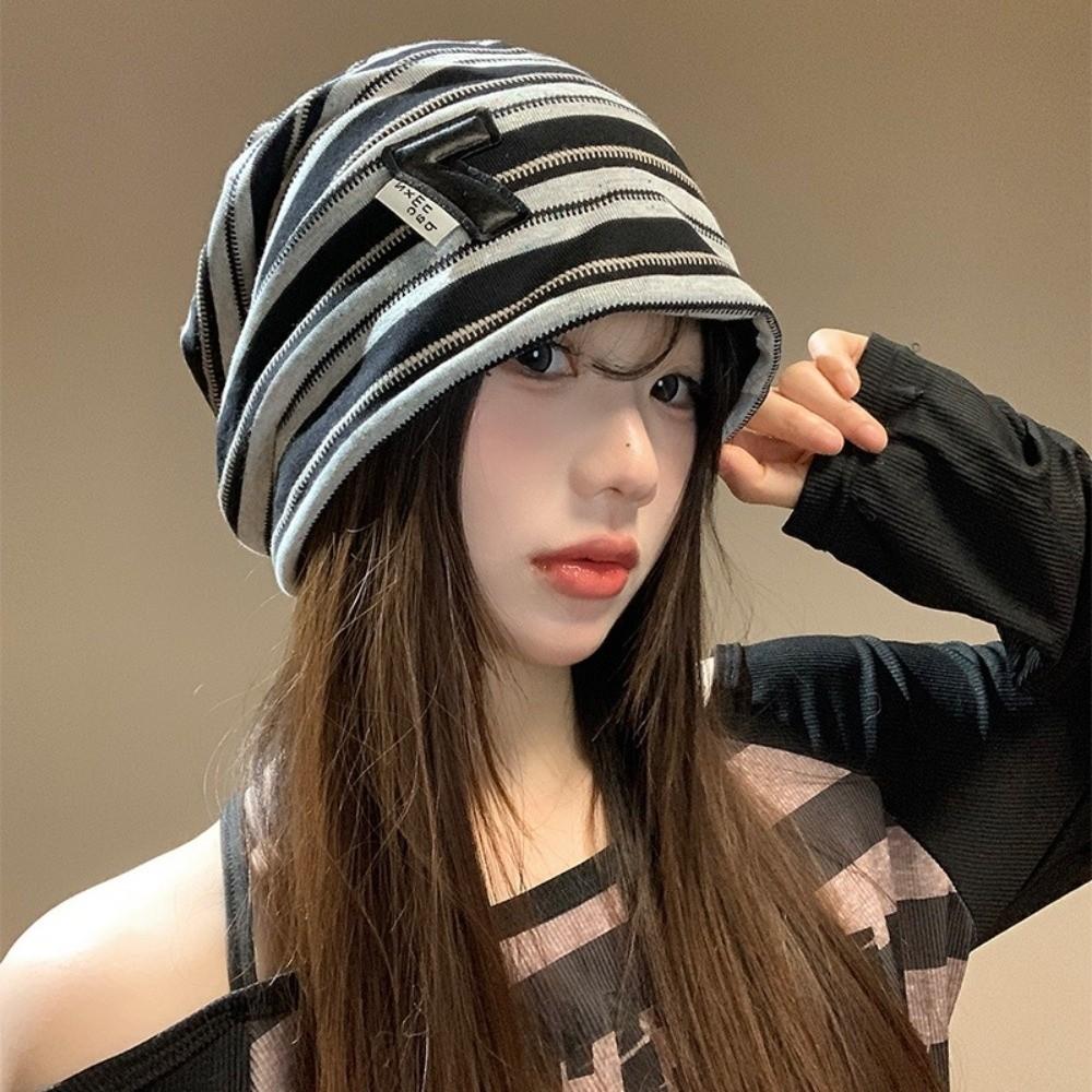 Korean Baggy Strip Hat Spring Autumn Beanie Hats Fashion Y2k Striped Cap  Women