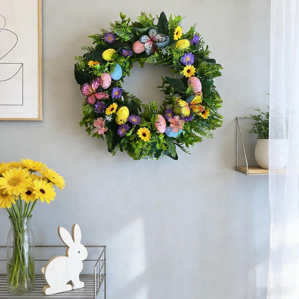 Easter Decor Wreath - Artificial Foliage, Blooms & Egg Accents | Festive Door/Wall/Porch Ornament For Home & Easter Parties | Reusable Spring Holid