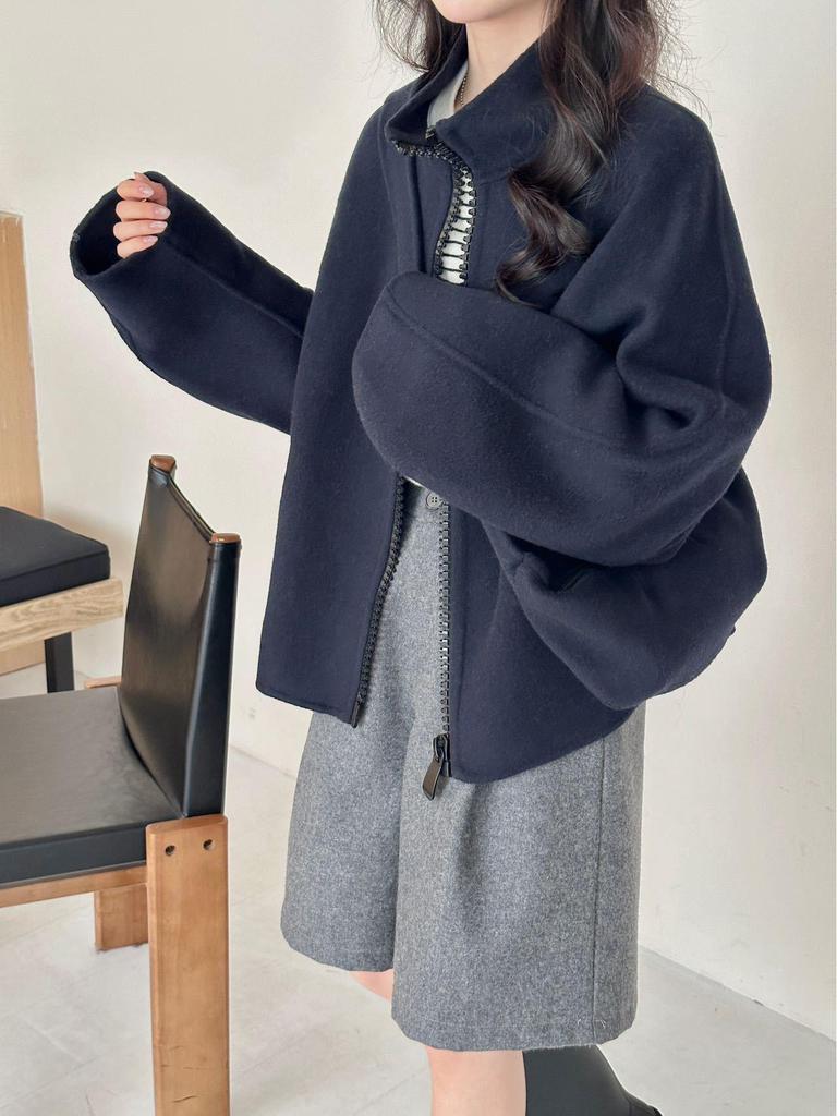 Women's Petite Double-Sided Wool Coat, Short Style with Zipper, New High-End 2025 Autumn/Winter Collection
