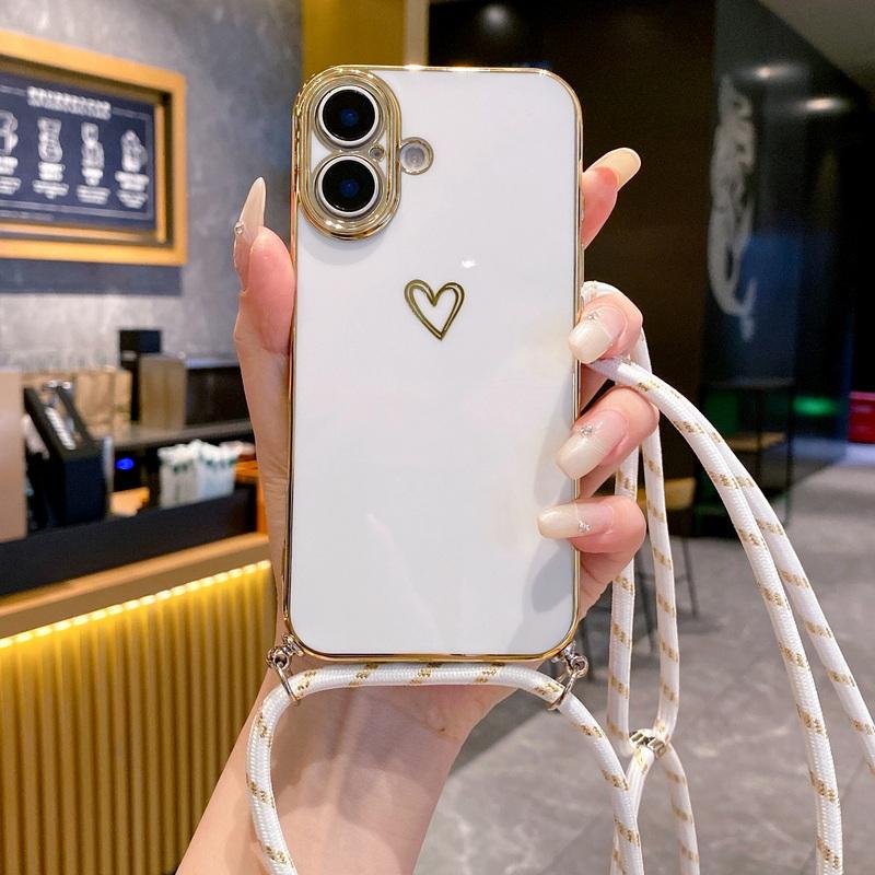 Husă Moale TPU cu Placare cu Imprimeu Inimă Iubire Pentru iPhone 16 Pro Max 15 Pro 14 Pro 13 12 11 Șnur Crossbody Rezistentă la Șocuri Protecție Obiectiv Husă Luciosă pentru Telefon