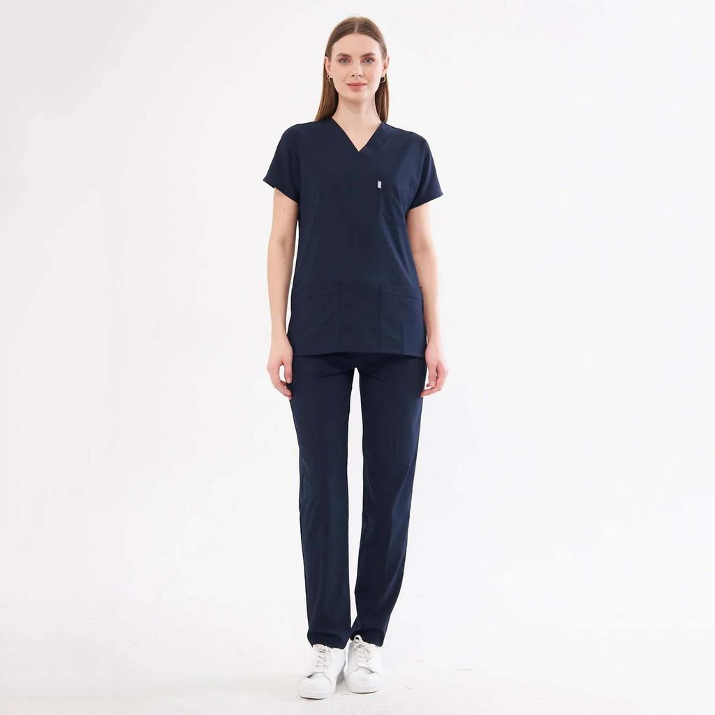 Unisex Medicinsk Uniformssæt - V-hals, Flagermusærme Med Lomme - To Delt Ensfarvet Scrub Sæt Til Sygeplejerske, Læge, Tandlæge