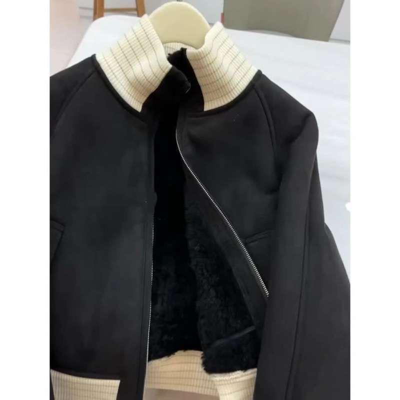 Women's Plus Velvet Stand Collar Jacket - 2026 Autumn/Winter Fashion, Loose Fit, Faux Lambswool Fleece