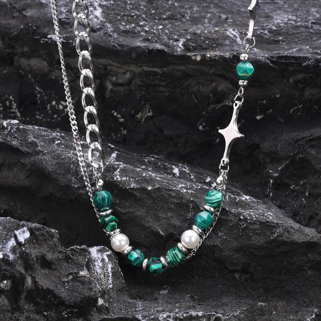 Mprainbow Hiphop Cuban Splicing Bead Chain Necklaces for Men Boys,Green Natural Stone Pearl Collar,Stylish Unisex Jewelry Gift