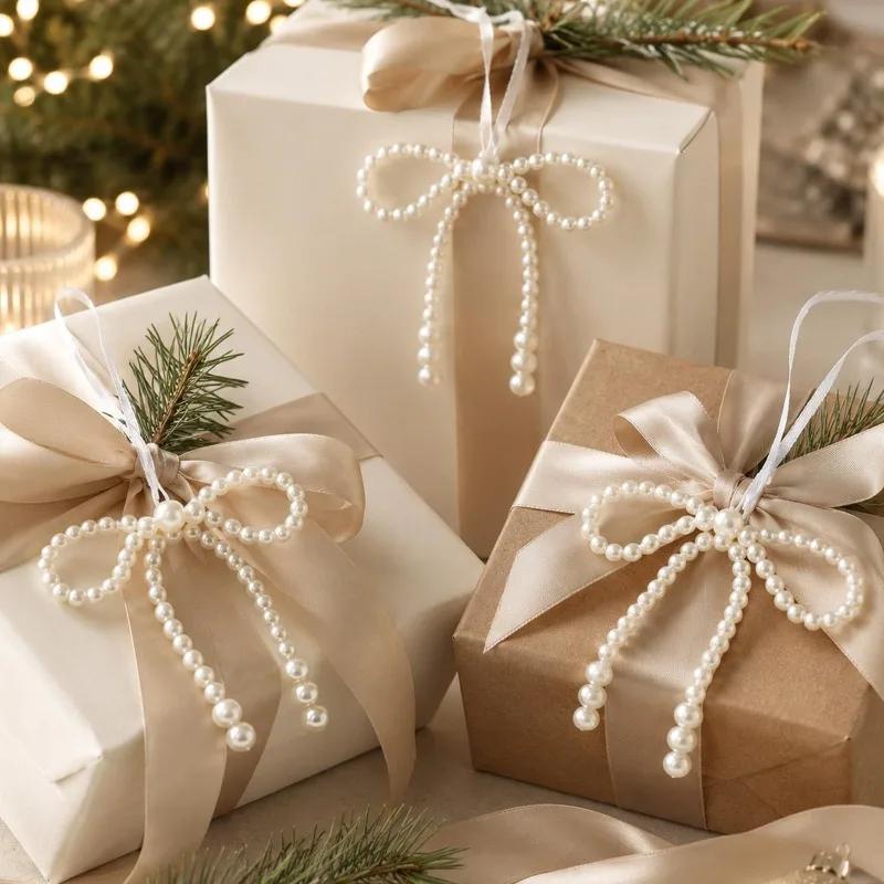 10/1PCS New Hand Woven Imitation Pearl Bows Christmas Decor Fringe Pendant Holiday Party Girls Room Hanging Decor Accessories