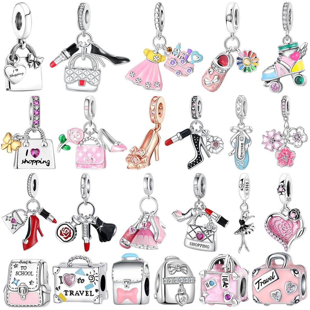 925 Silver Cute Fashion Lipstick High Heels Bag Charms Cartoon Pink Beads Pendant Fit Bracelet Jewelry Gift For Women