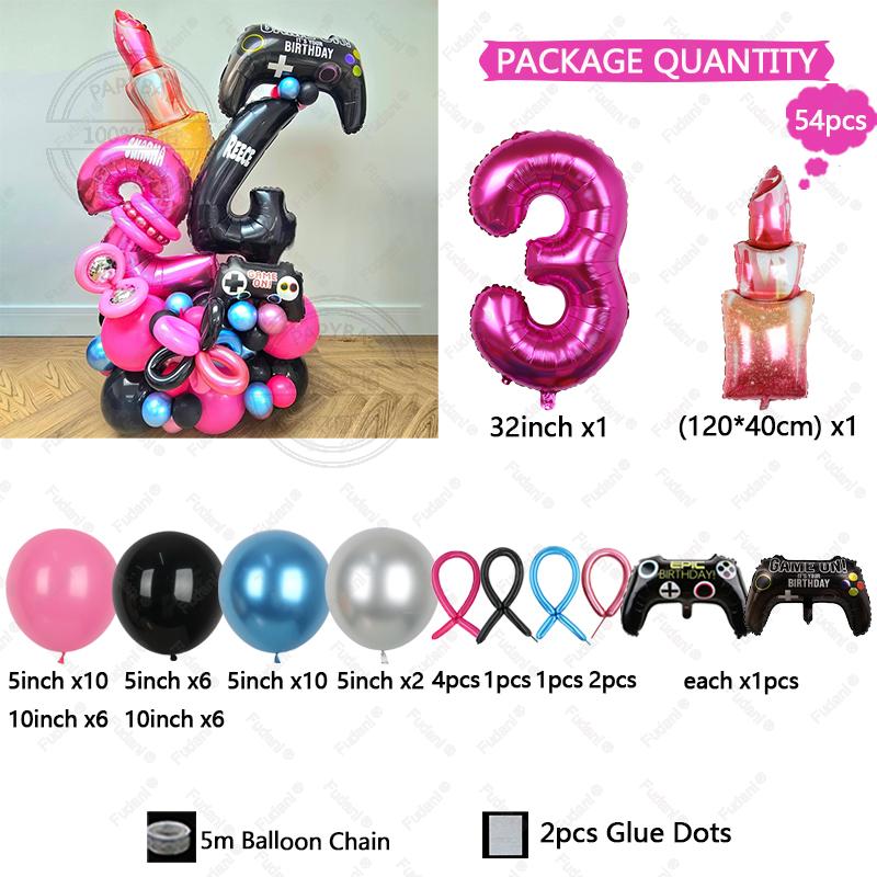 54pcs Red Lips Game Control Handle Black 1-9 Foil Digital Balloons Childrens Birthday Toys Party Decor Game Theme Party Supplies