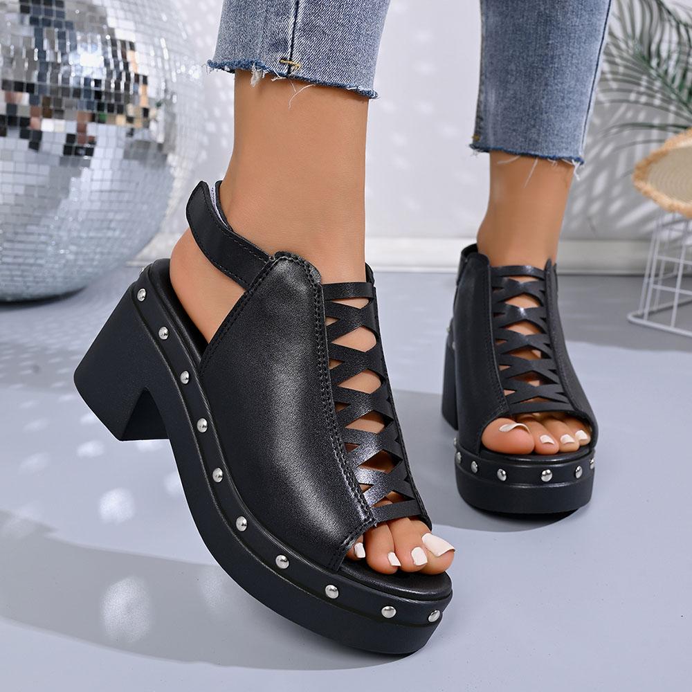Summer Punk Platform Chunky Heel Sandals Fashion Black Hollow High Heels Women Sandals Casual Versatile Women Shoes 36