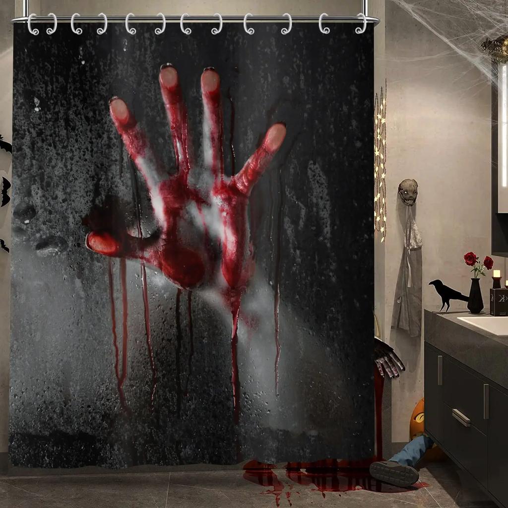 3D Halloween Theme Shower Curtain Horror Bloody Hands Black Bathroom Curtains For Halloween Party Waterproof Fabric With Hooks