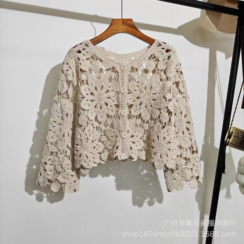 Summer Thin Knitted Sweater Women's Embroidered Hollow Long-sleeved Beach Clothes Women's Top Lace-up Jacket Versatile