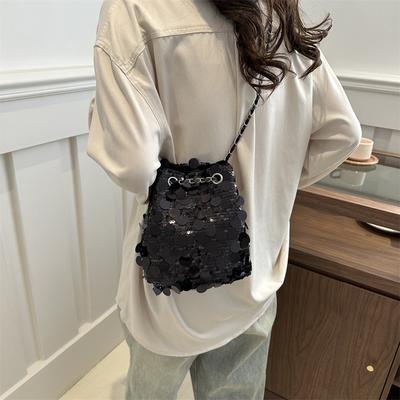 Niche Texture Sequined Chain Small Bag Women's 2025 New Korean Fashion Shoulder Messenger Bag Bucket Bag