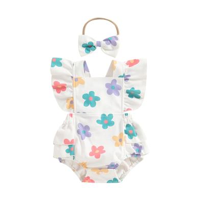 Newborn Girl Outfit, Flower Strawberry Print Fly Sleeve Romper with Hairband Summer Clothes