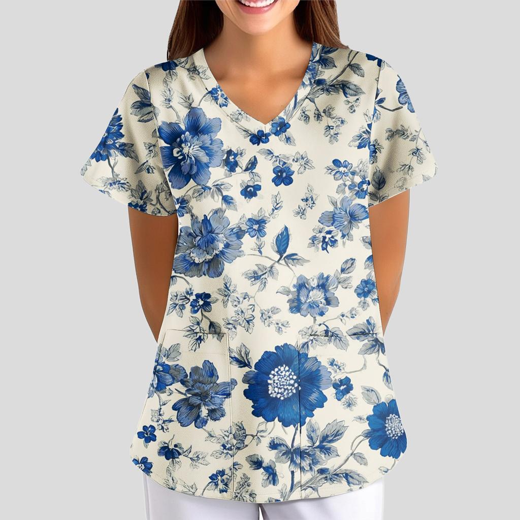 Women's Floral Print Loose V-neck Short-sleeved Uniform/ Uniform
