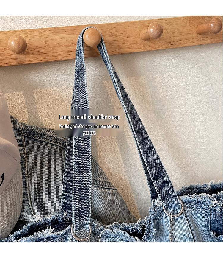 Niche Raw Edge Denim Tote Bag 2025, Women's Large Capacity Commute Shoulder Bag with Fashion Silk Scarf