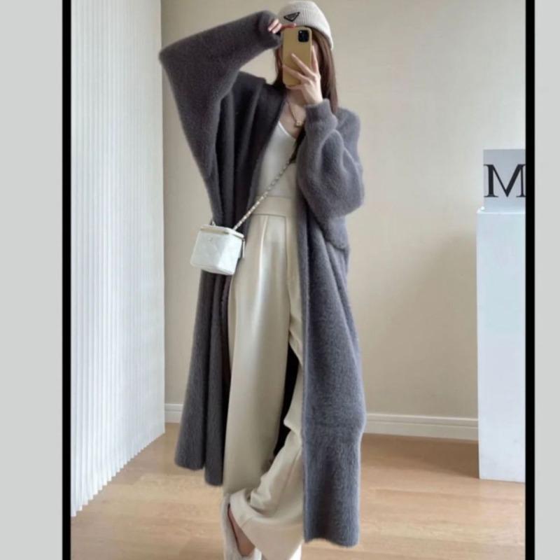 Lazy wind long knee anti-mink sweater jacket women's clothing autumn and winter new large size loose knitted cardigan