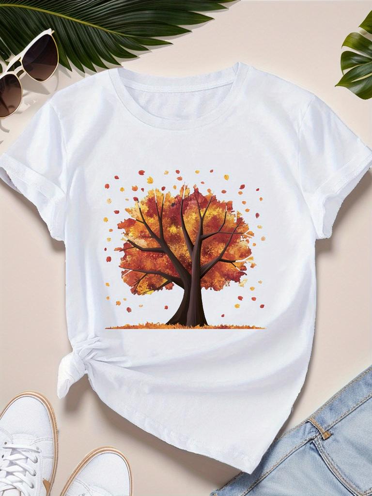 T-shirt da Donna a Maniche Corte con Girocollo Stampa Foglie d'Acero Autunnali Top Casual da Donna a Maniche Corte con Girocollo Abbigliamento