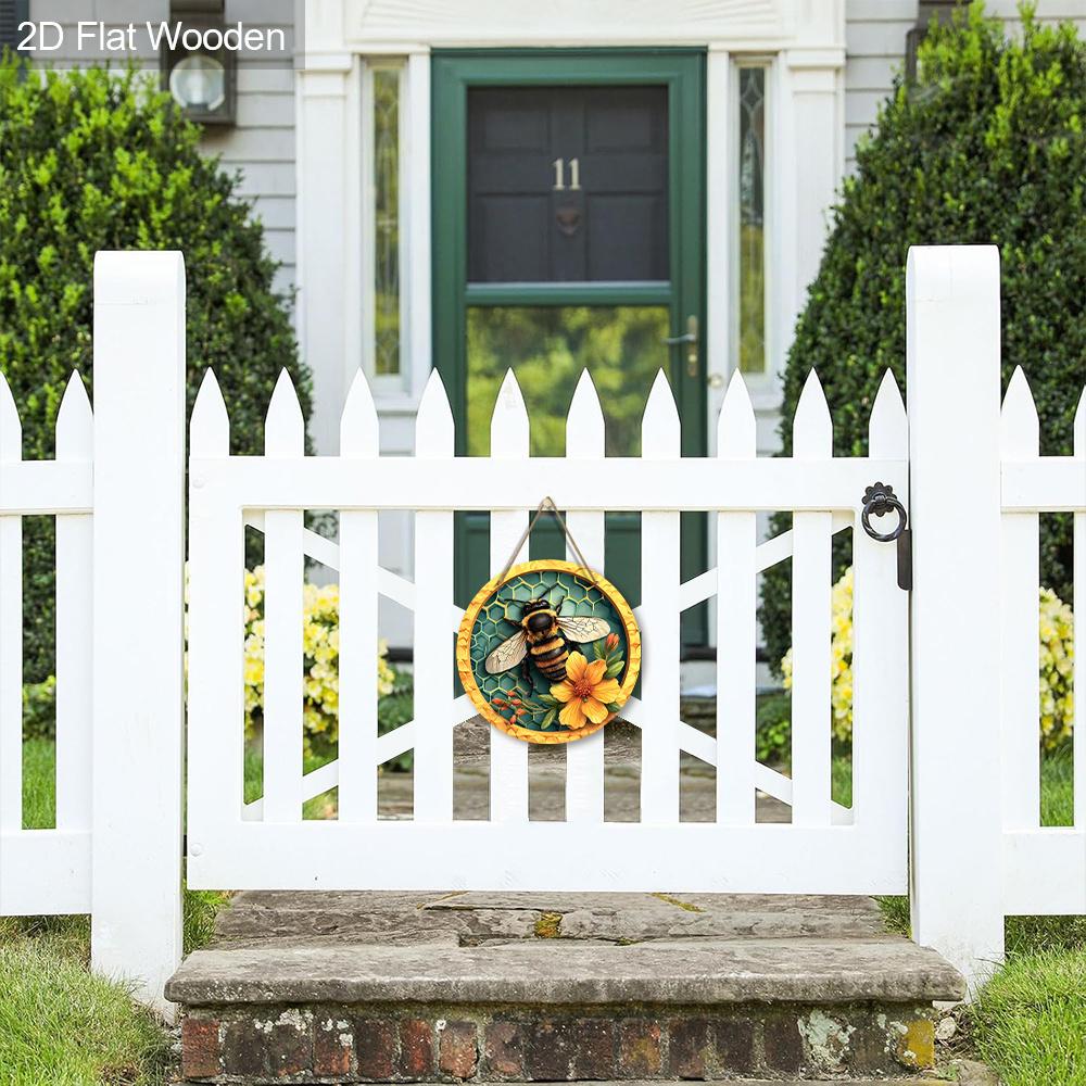 Rustikales Holzschild mit entzückendem Bienenmuster - Runde Verzierung für Haustür, Wandbehangdekor - Ideale Hängedekoration für Zuhause
