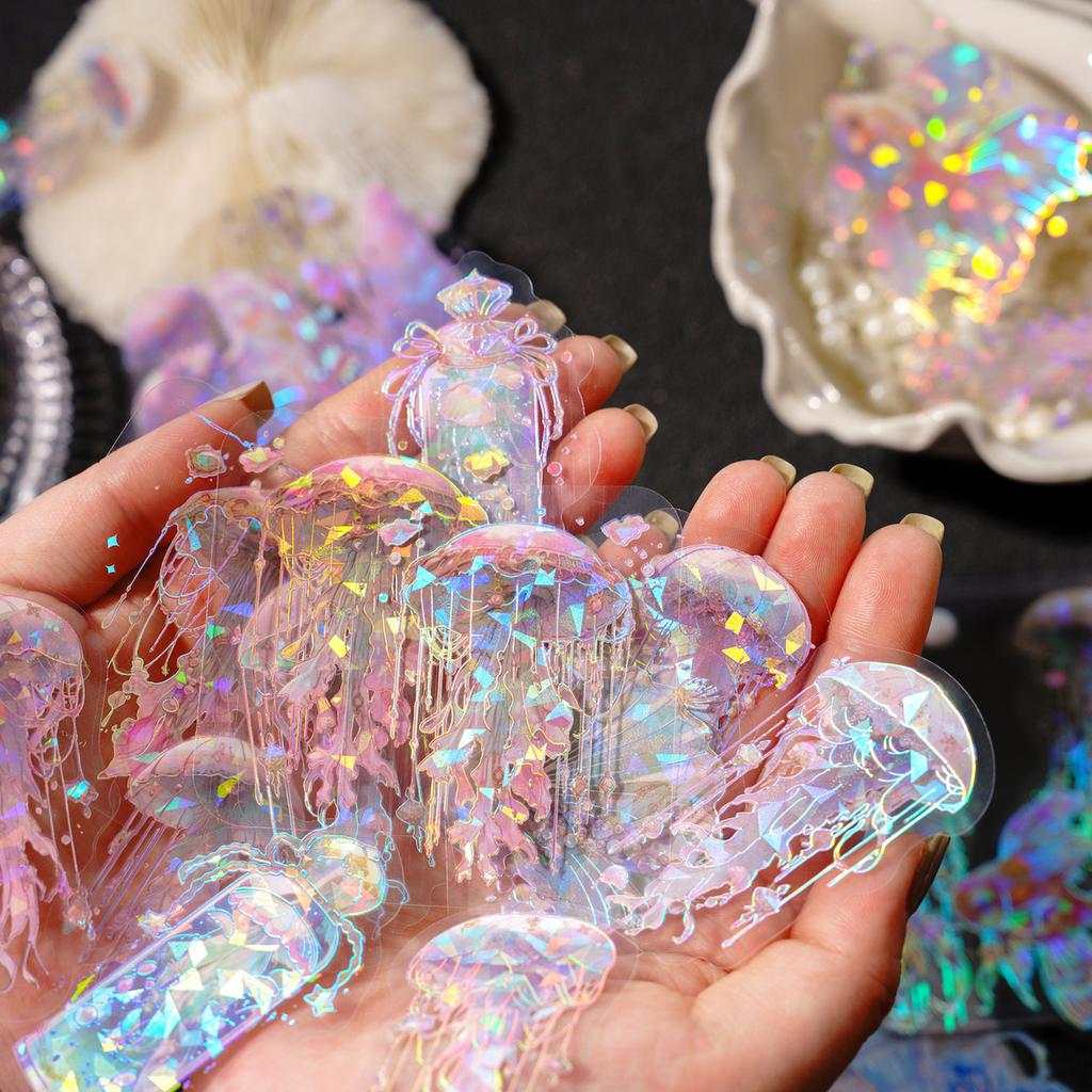 20pcs Laser Sticker Jellyfish Series Dreamlike Watercolor Ocean Handmade DIY Decorative Collage Material