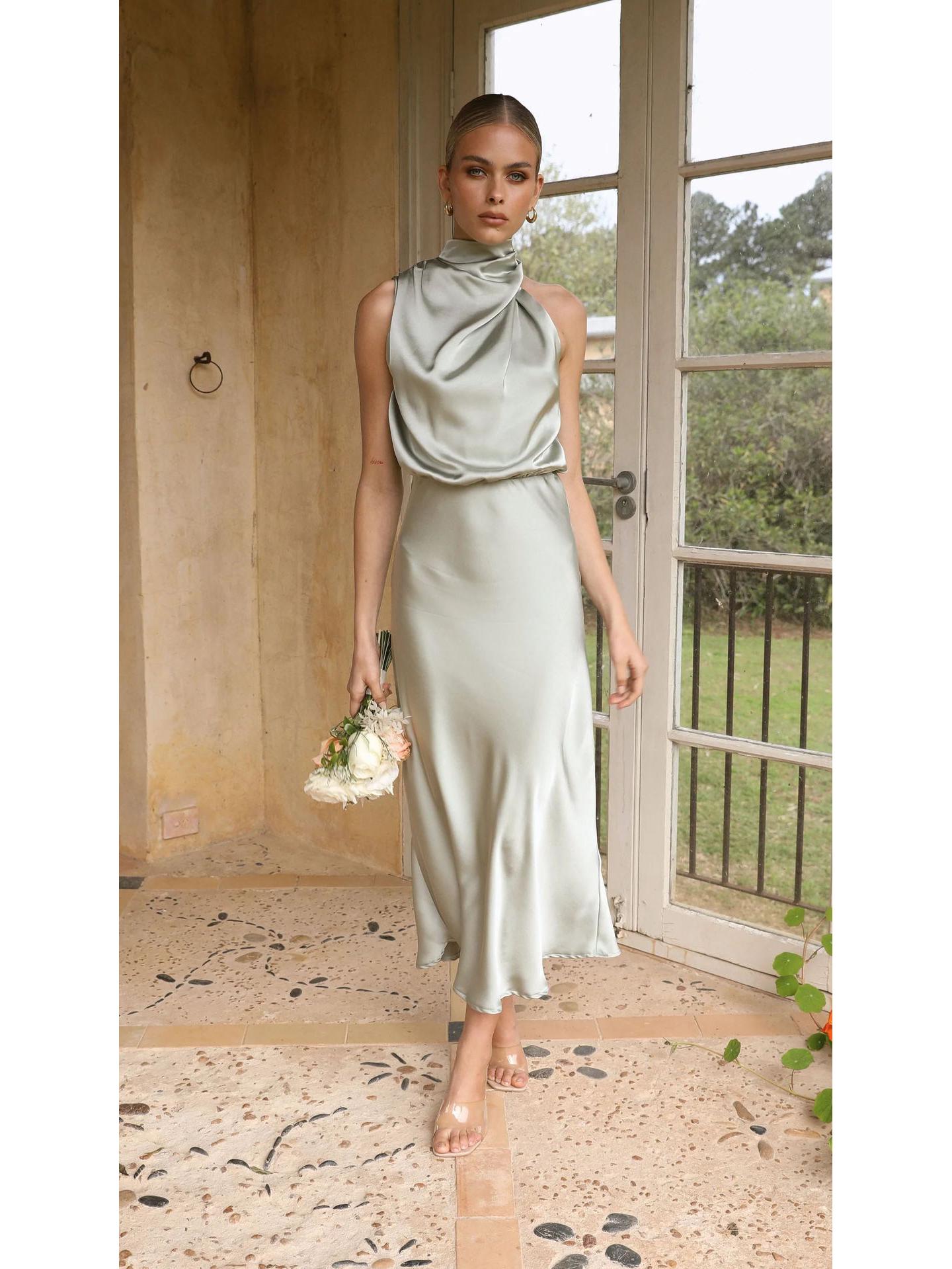 

2023 Summer Sleeveless Halter Neck Satin Dress – Elegant Solid Color Women s Clothing Small світло-зелений колір