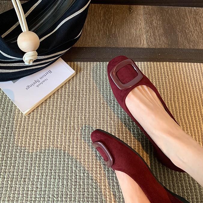 Sheepskin Version~ 2025 New Fairy Style Leather Suede Square Buckle Shallow Mouth Single Shoes Women's Flat Bottom Suede Grandma Ladyshoes