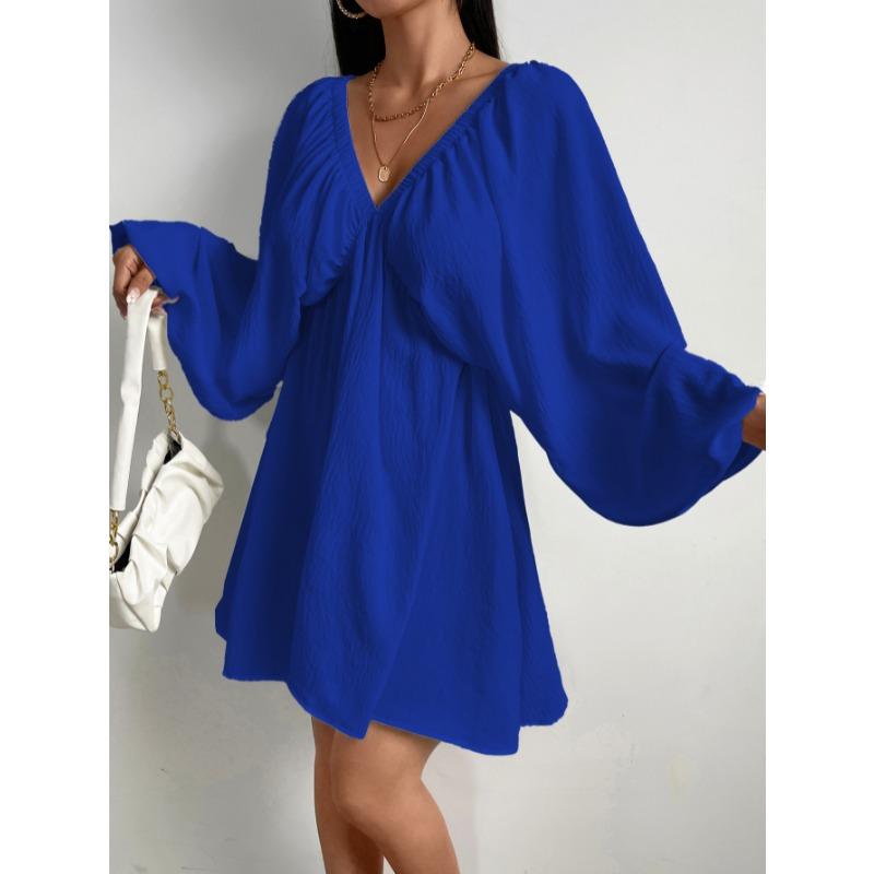 Elegant Fashion Deep V-neck Long Sleeved Women Dress Spring Summer Simple Casual Loose Sexy Solid Color A-line Party Dress Female Office Ladies