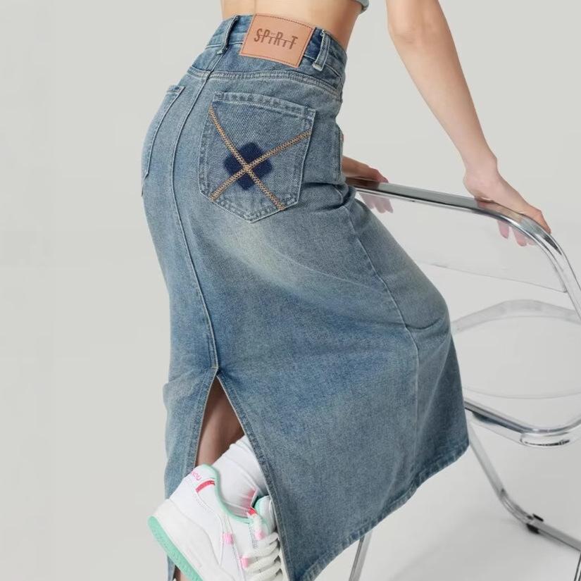 

Retro High Waist A-line Denim Skirt, Slimming Midi with Slit - Women s Summer Style 2XL: Height 155-165CM (133-145 lbs)